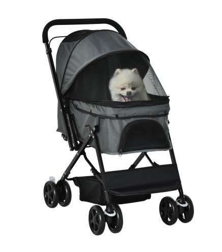 Carrito para Perros Plegable con Mango Reversible Ventana de Malla Cesta de Almacenamiento 76,5x52x95 cm Gris
