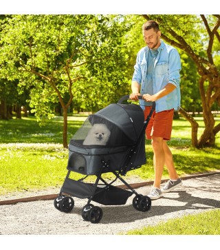 Carrito para Perros Plegable con Mango Reversible Ventana de Malla Cesta de Almacenamiento 76,5x52x95 cm Gris