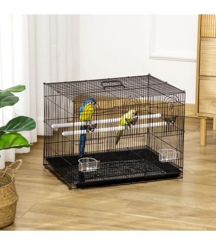 Jaula para Pájaros 60x41x41 cm Pajarera de Metal con Comederos 2 Perchas 3 Puertas y Asa de Transporte para Pájaros Pequeños Can