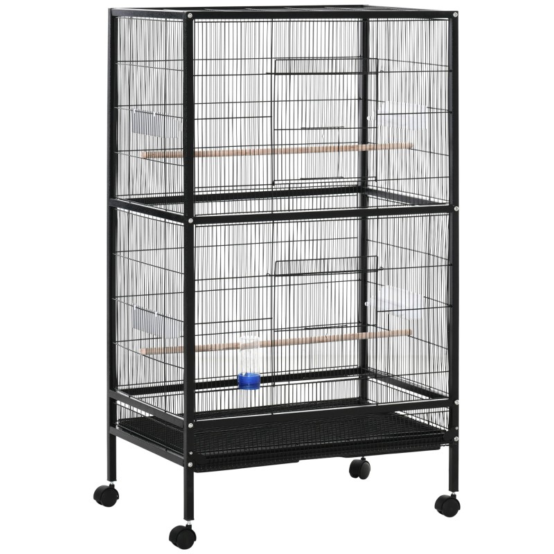 Jaula para Pájaros con 4 Ruedas Pajarera Metálica con Múltiples Puertas 4 Comederos Bebedero 2 Perchas 79x52x137cm Negro