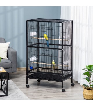 Jaula para Pájaros con 4 Ruedas Pajarera Metálica con Múltiples Puertas 4 Comederos Bebedero 2 Perchas 79x52x137cm Negro