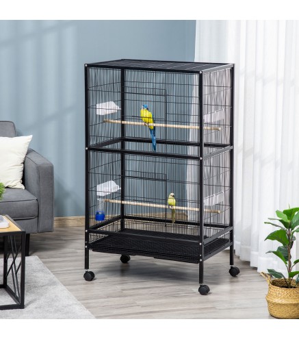 Jaula para Pájaros con 4 Ruedas Pajarera Metálica con Múltiples Puertas 4 Comederos Bebedero 2 Perchas 79x52x137cm Negro