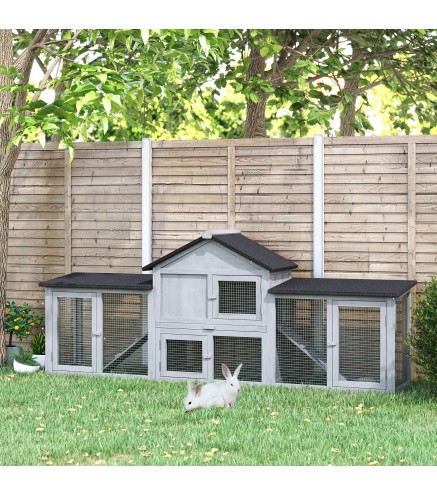 Conejera de Exterior Grande Jaula de Madera para 2-4 Conejos con Techo Asfáltico Recinto de Alambre Bandeja Extraíble y Rampas 2
