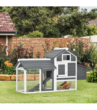 Jaula para Gallineras con 2 Corrales de Alambre Techo Abrible Caja Nido Bandeja Extraíble y Rampa 150,5x54x87 cm Gris