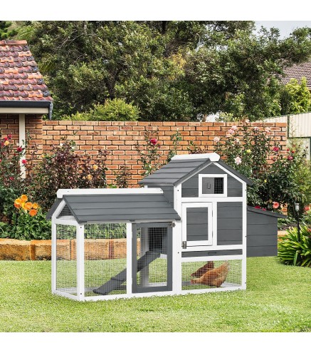 Jaula para Gallineras con 2 Corrales de Alambre Techo Abrible Caja Nido Bandeja Extraíble y Rampa 150,5x54x87 cm Gris