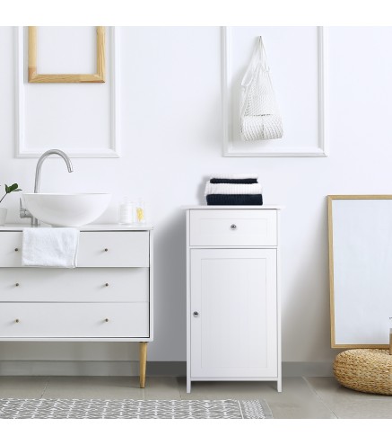 Armario de Baño con 1 Cajón 1 Puerta y Estante Ajustable Interior Mueble Auxiliar de Almacenaje 43x34x77 cm Blanco