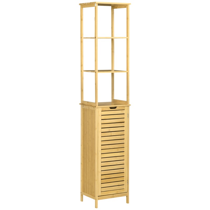 Estantería de Baño de Bambú Armario Alto para Baño con 3 Estantes y 1 Puerta Mueble Columna de Almacenaje 34x30x173 cm Natural