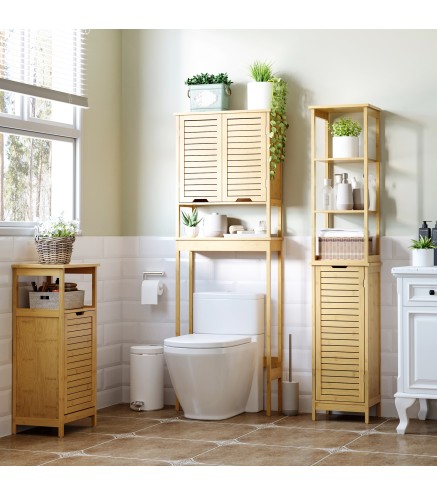 Estantería de Baño de Bambú Armario Alto para Baño con 3 Estantes y 1 Puerta Mueble Columna de Almacenaje 34x30x173 cm Natural
