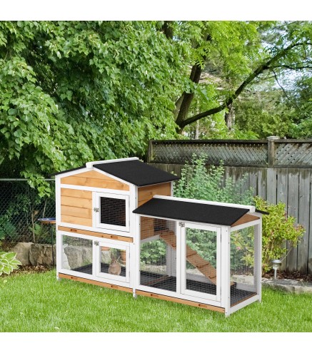 Conejera de Madera Exterior Jaula para Conejos de 2 Niveles con Techo Asfáltico 2 Corrales de Metal Bandeja Extraíble 2 Puertas