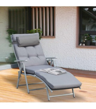 Tumbona Plegable de Jardín con Respaldo Ajustable en 7 Posiciones Cojín Cuerpo Entero y Cabeza 137x63,5x100,5 cm Gris