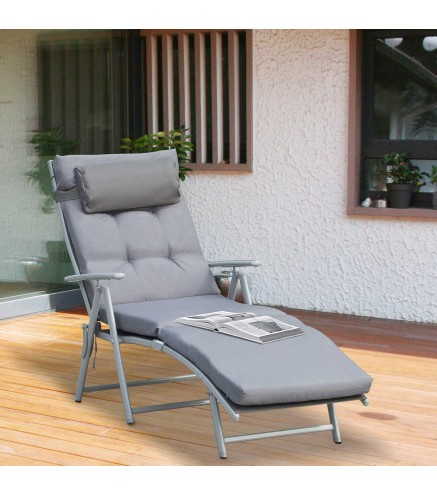 Tumbona Plegable de Jardín con Respaldo Ajustable en 7 Posiciones Cojín Cuerpo Entero y Cabeza 137x63,5x100,5 cm Gris