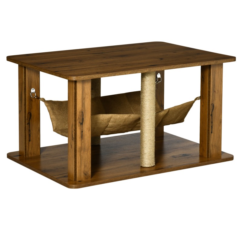Mesa de Centro Hamaca para Gatos con 2 Postes Rascadores de Yute y Estante Inferior de Almacenaje 79x59x45,5 cm Marrón