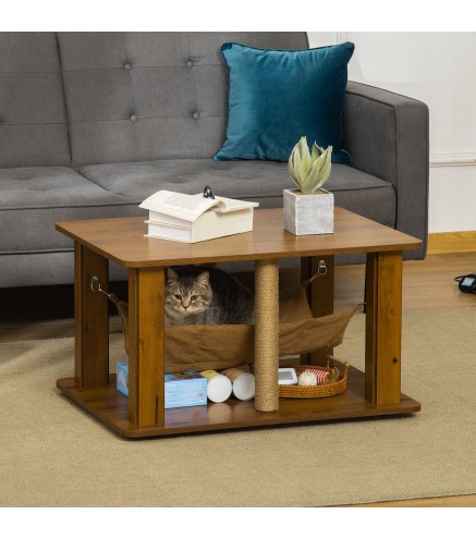Mesa de Centro Hamaca para Gatos con 2 Postes Rascadores de Yute y Estante Inferior de Almacenaje 79x59x45,5 cm Marrón
