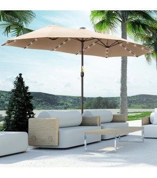Sombrilla Doble 450x265x240 cm con 48 Luces LED Manivela Protección Solar para Terraza Balcón Piscina Caqui
