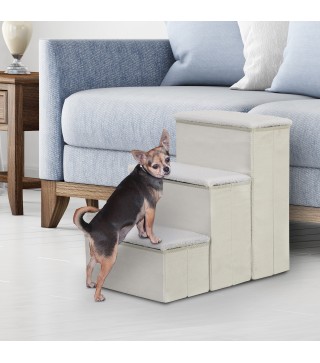 Escalera para Mascotas de 3 Peldaños Plegable con Tapas Abatibles y Espacio de Almacenamiento 3 Escalones de Perros Gatos Pequeñ