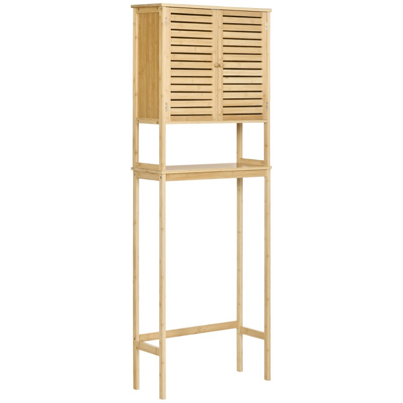 Mueble de Bambú sobre Inodoro Armario Alto para Lavadora con 2 Puertas 1 Balda Interior y 1 Estante de Almacenaje para Baño 60x2