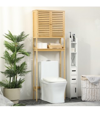Mueble de Bambú sobre Inodoro Armario Alto para Lavadora con 2 Puertas 1 Balda Interior y 1 Estante de Almacenaje para B