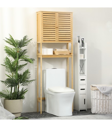 Mueble de Bambú sobre Inodoro Armario Alto para Lavadora con 2 Puertas 1 Balda Interior y 1 Estante de Almacenaje para Baño 60x2