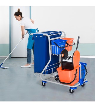 Carro de Limpieza con Bolsa de Basura Carro de Servicio con Doble Cubo de 18 Litros Escurridor de Prensa 2 Cubetas Auxiliares 93