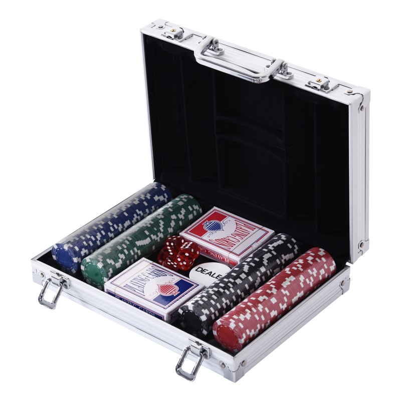 Maletín de Poker Profesional de Aluminio con 200 Fichas Juego Set de Poker Casino con 5 Dados 2 Barajas de Cartas y 1 Ficha de C