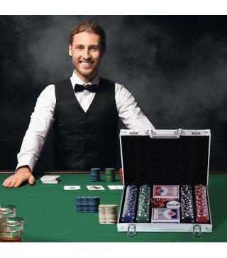 Maletín de Poker Profesional de Aluminio con 200 Fichas Juego Set de Poker Casino con 5 Dados 2 Barajas de Cartas y 1 Ficha de C