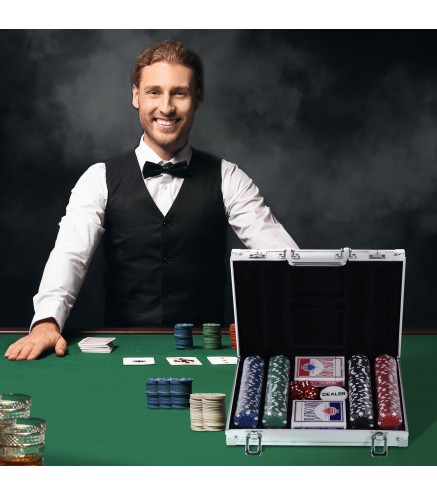 Maletín de Poker Profesional de Aluminio con 200 Fichas Juego Set de Poker Casino con 5 Dados 2 Barajas de Cartas y 1 Fi