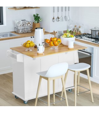 Isla de Cocina con Ruedas Carrito de Servicio con Encimera Extensible Cajones Barra y Especiero 128,8x75,5x92,5 cm Blanc