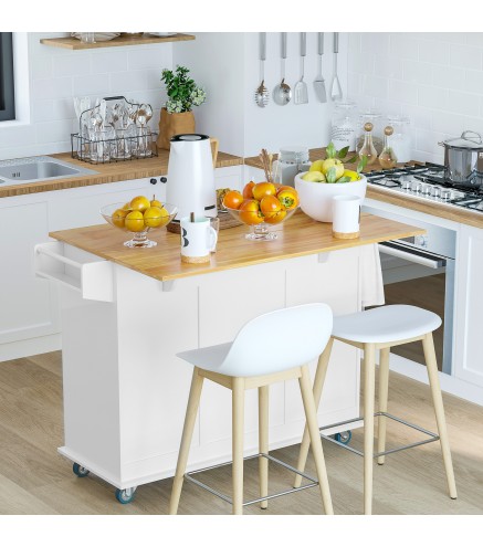 Isla de Cocina con Ruedas Carrito de Servicio con Encimera Extensible Cajones Barra y Especiero 128,8x75,5x92,5 cm Blanc