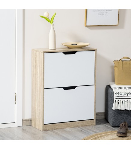 Armario de Zapatos Zapatero de Madera con 2 Puertas Abatibles 4 Estantes para 8 Pares 62,5x26x81 cm Blanco y Natural