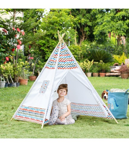 Tienda de Campaña para Niños de +3 Años Tipi Infantil de Madera Portátil con Ventana para Interiores y Exteriores 120x12
