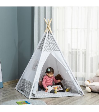 Tienda de Campaña para Niños de +3 Años Tipi Infantil de Madera Portátil con Ventana Colchoneta y Bolsa de Transporte para Inter