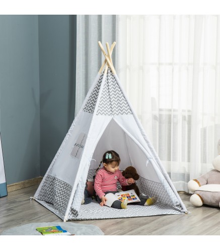 Tienda de Campaña para Niños de +3 Años Tipi Infantil de Madera Portátil con Ventana Colchoneta y Bolsa de Transporte pa