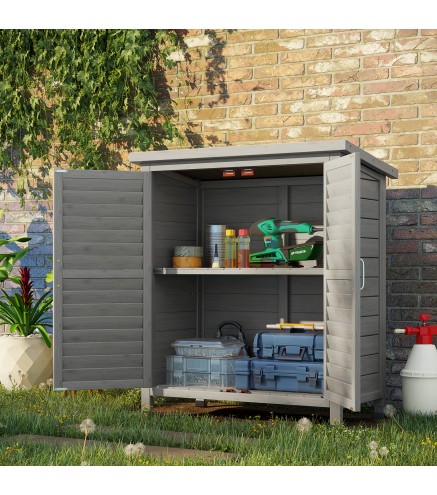 Armario para Terraza de Madera con 2 Estantes Interiores 2 puertas y Techo Inclinado para Exterior Terreza 87x46,5x96,5 cm Gris