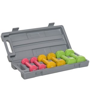 Juego de 6 Mancuernas Hexagonales de 1,5kg 1kg y 0,5kg con Revestimiento de Neopreno con Maletín 43x18x7,5 cm Multicolor