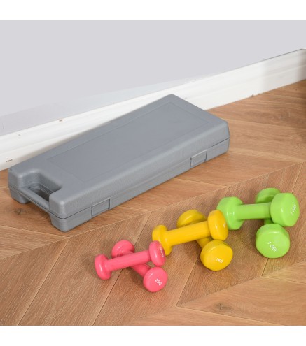 Juego de 6 Mancuernas Hexagonales de 1,5kg 1kg y 0,5kg con Revestimiento de Neopreno con Maletín 43x18x7,5 cm Multicolor