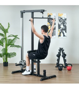 Máquina de Musculación Estación de Entrenamiento para Jalón al Pecho con Polea y Asiento Regulable para Entrenamiento en Gimnasi