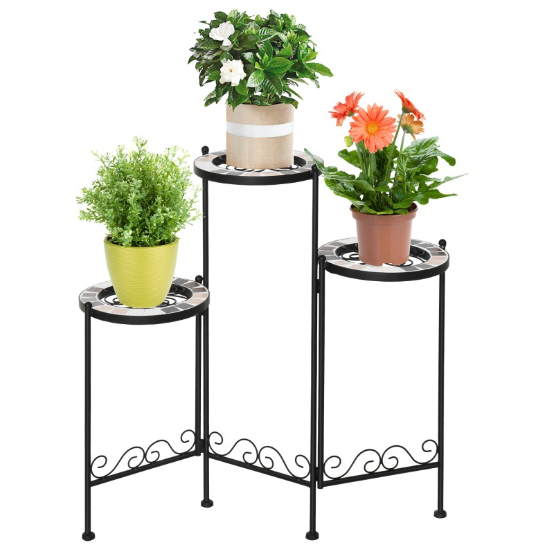 Soporte para Plantas de Metal Mecetas Plegable Estantería para Flores con 3 Estantes y Bordes de Azulejo para Decoración Interio