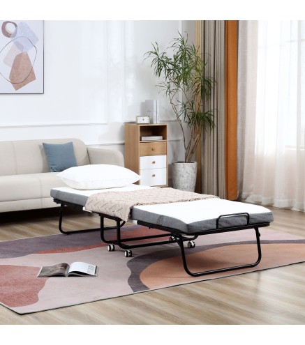 Cama Plegable 200x80 cm con 4 Ruedas, Cama de Camping Portátil, con Colchón Individual de 10 cm, Marco de Acero, Carga 150 kg, p
