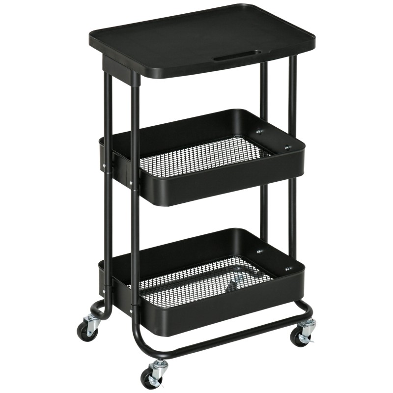 Carrito Auxiliar con Ruedas Carro de Almacenaje de 3 Niveles para Baño Cocina Dormitorio Oficina 46x34,5x76,5 cm Negro