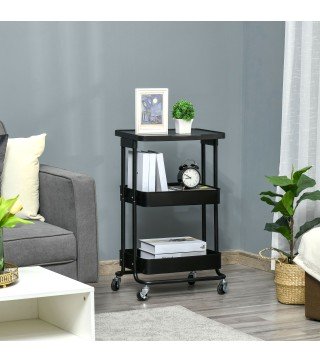 Carrito Auxiliar con Ruedas Carro de Almacenaje de 3 Niveles para Baño Cocina Dormitorio Oficina 46x34,5x76,5 cm Negro