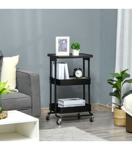 Carrito Auxiliar con Ruedas Carro de Almacenaje de 3 Niveles para Baño Cocina Dormitorio Oficina 46x34,5x76,5 cm Negro