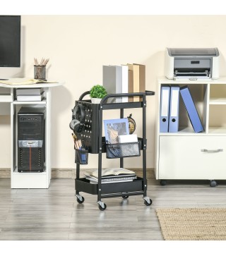 Carrito Auxiliar con Ruedas Carro de Almacenaje Multifuncional con 4 Ganchos y 2 Cestas Colgantes 51,5x32x75,6 cm Negro