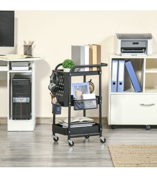 Carrito Auxiliar con Ruedas Carro de Almacenaje Multifuncional con 4 Ganchos y 2 Cestas Colgantes 51,5x32x75,6 cm Negro