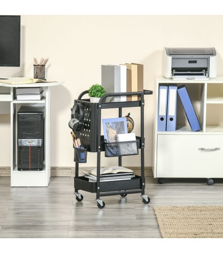 Carrito Auxiliar con Ruedas Carro de Almacenaje Multifuncional con 4 Ganchos y 2 Cestas Colgantes 51,5x32x75,6 cm Negro