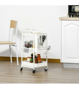 Carrito Auxiliar con Ruedas Carro de Almacenaje Multifuncional con 4 Ganchos y 2 Cestas Colgantes 51,5x32x75,6 cm Blanco