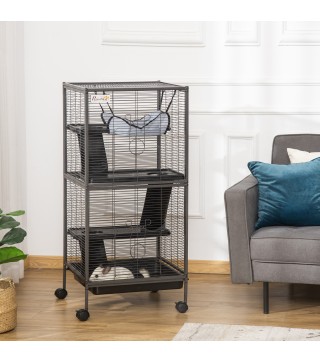 Parque para Mascotas con Ruedas 2 Puertas 3 Rampas Hamaca Colgante y Bandeja Extraíble para Cobayas 52x52x113,5cm Gris