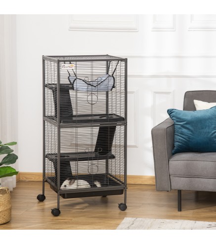 Parque para Mascotas con Ruedas 2 Puertas 3 Rampas Hamaca Colgante y Bandeja Extraíble para Cobayas 52x52x113,5cm Gris