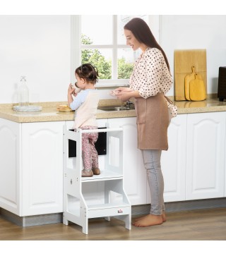 Torre de Aprendizaje 2 en 1 Convertible en Escritorio con Pizarra y Barra de Seguridad 42x44x86 cm Blanco