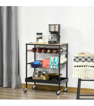Carro de Cocina con Ruedas Carrito de Servicio Multiuso con Botellero Cesta Extraíble Bandeja 60,5x35,5x75 cm Negro