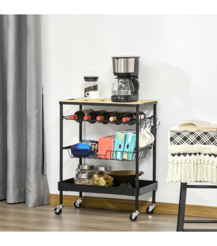 Carro de Cocina con Ruedas Carrito de Servicio Multiuso con Botellero Cesta Extraíble Bandeja 60,5x35,5x75 cm Negro